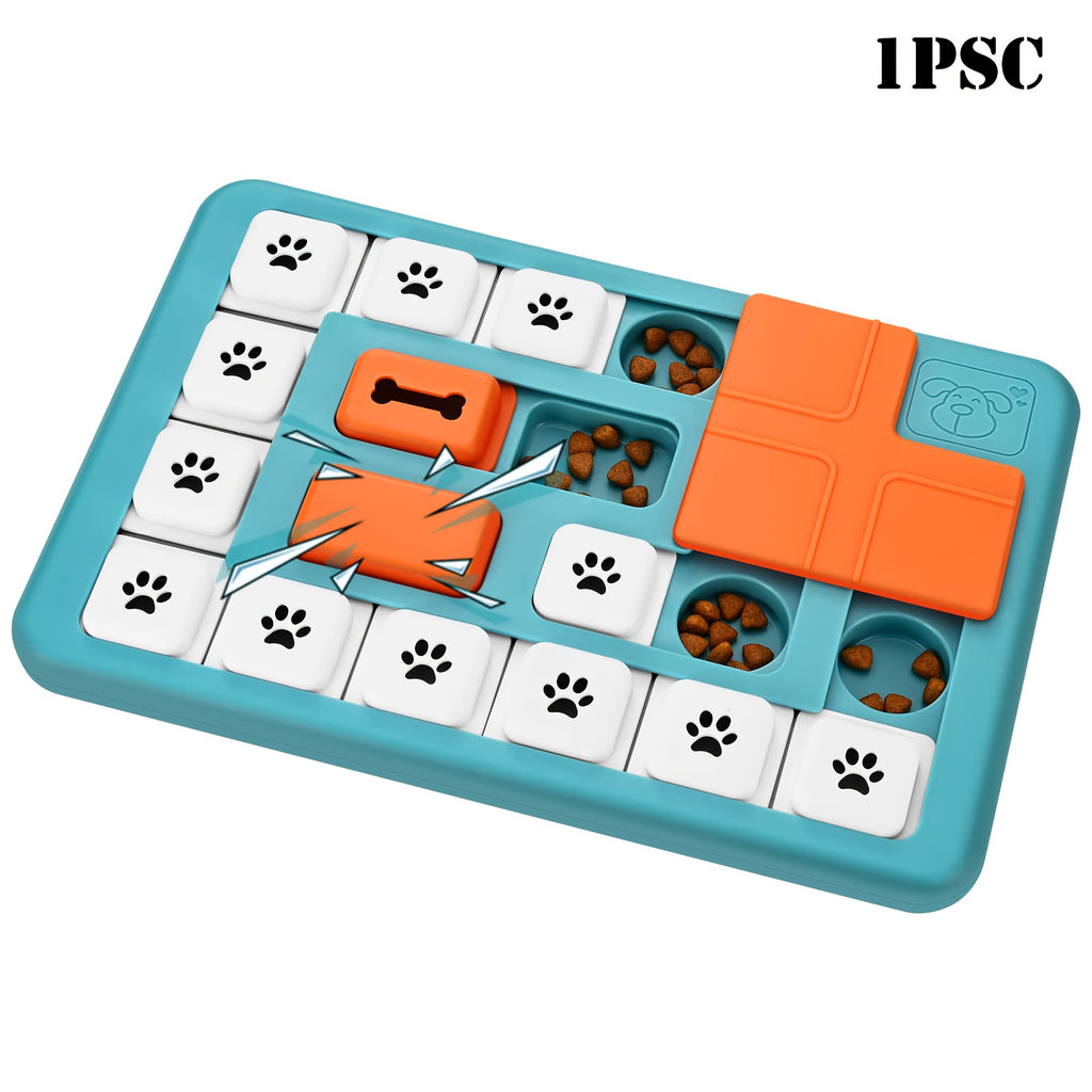 Dog using the advanced treat puzzle