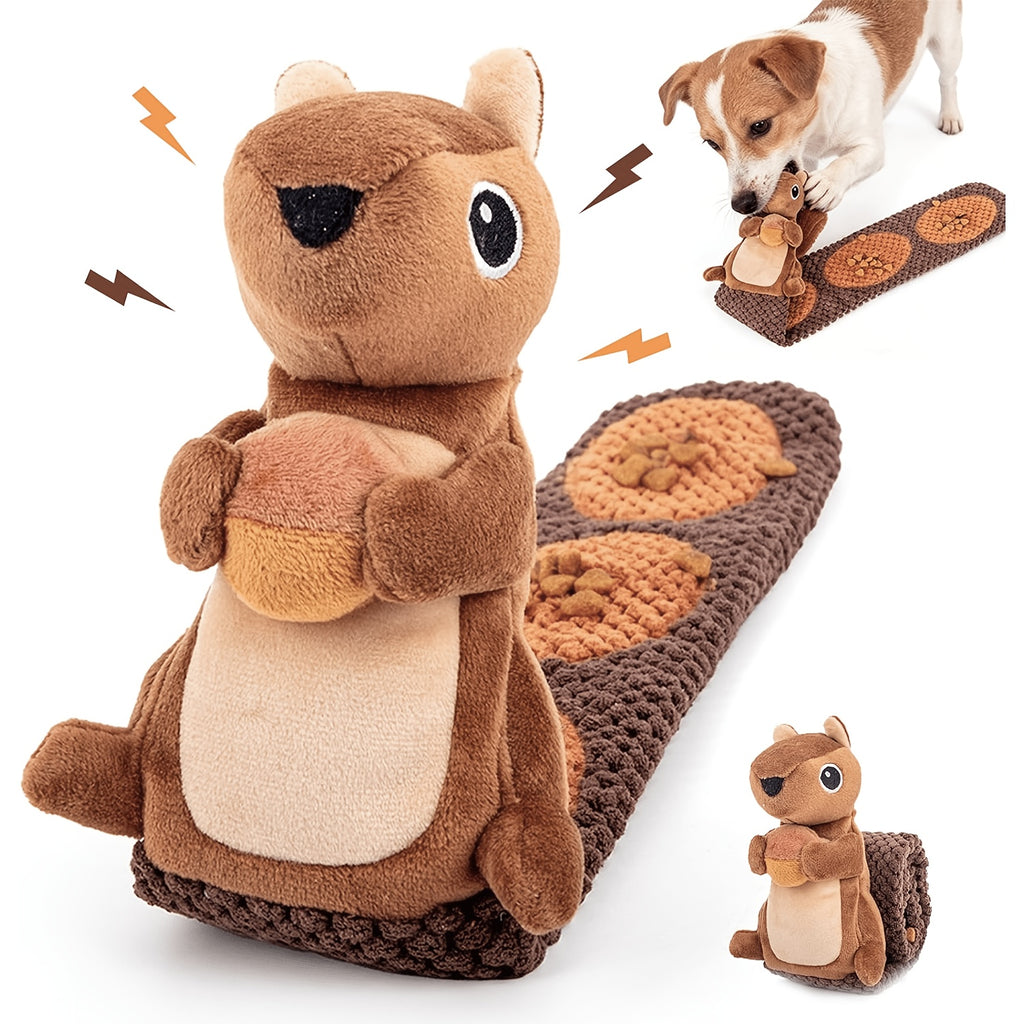 Plush squirrel dog toy with treat pockets
